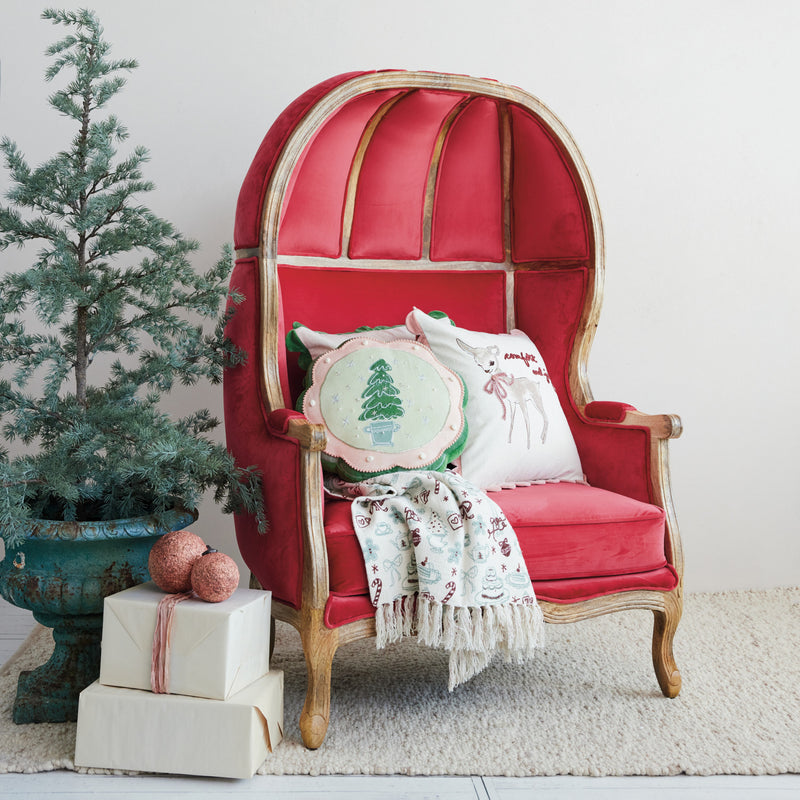 Velvet Upholstered Balloon Chair with Hand-Carved Mango Wood Frame