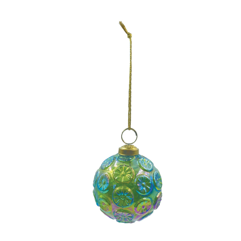Hand-Blown Embossed Glass Ball Ornament with Pattern, Green