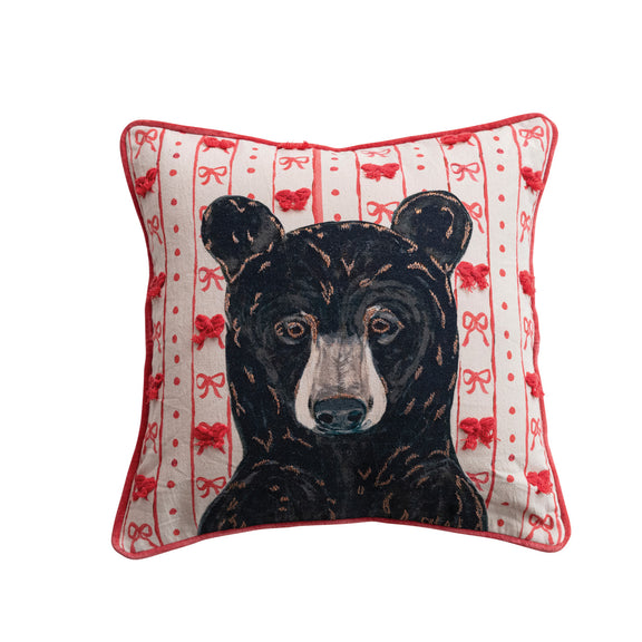 18" Square Cotton Chambray Printed Pillow with Embroidery, Applique & Piping ©