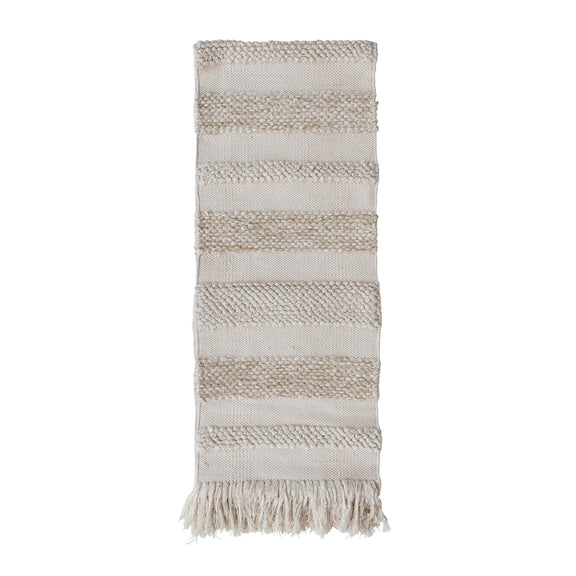 Woven Cotton & Fabric Blend Striped Table Runner with Metallic Gold Thread Fringe, Natural