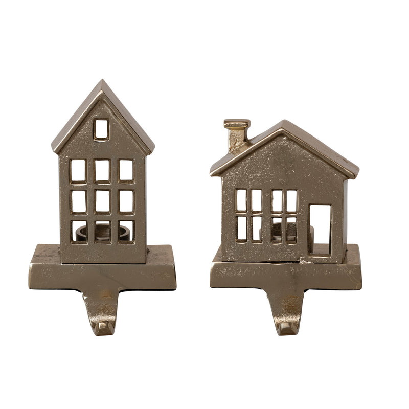 Cast Aluminum House Shaped Tealight Stocking Holder, Gold Finish, 2 Styles