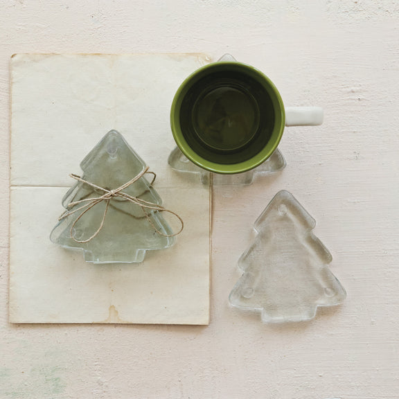 Pressed Glass Tree Shaped Coasters, Set of 4 Tied with Jute