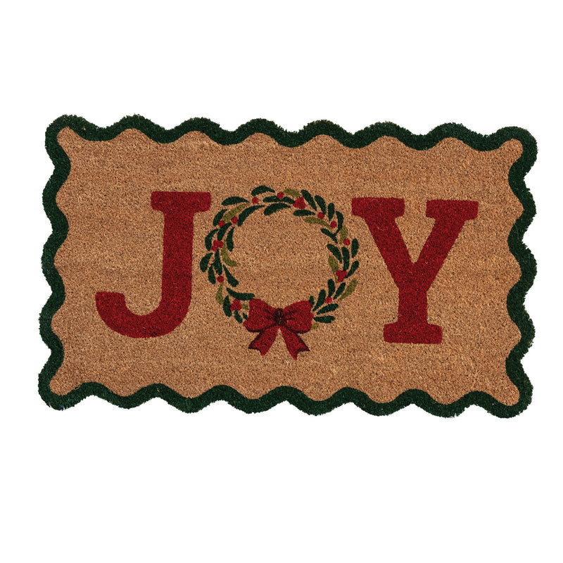 Natural Coir Scalloped Doormat with Wreath & Bow "JOY"