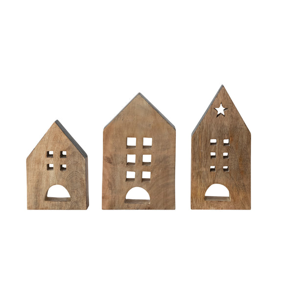 Mango Wood Houses with Black Edges, Natural, Set of 3