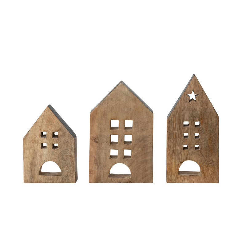 Mango Wood Houses with Black Edges, Natural, Set of 3