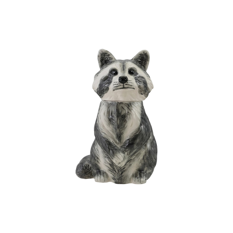 Hand-Painted Stoneware Raccoon Shaped Cookie Jar, Black, Grey & White ©