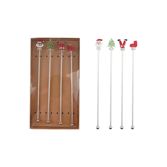 Stainless Steel Cocktail Stirrers with Hand-Blown Glass Holiday Icons, Boxed Set of 4