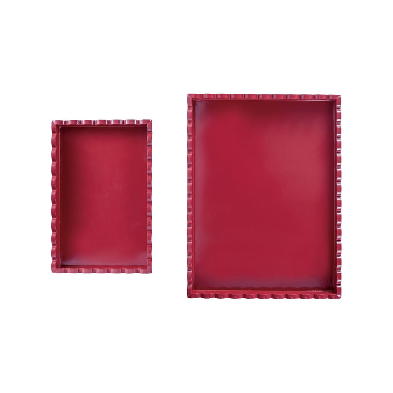 Decorative MDF Lacquered Scalloped Trays, Cranberry Color, Set of 2