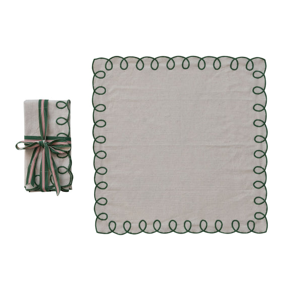 Cotton Scalloped Napkins with Embroidered Edges, Set of 4 Tied with Cotton Tape