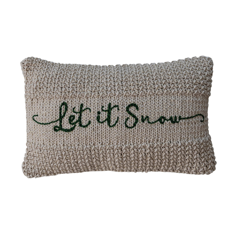 Cotton Knit Macrame Lumbar Pillow with Metallic Gold Thread Embroidery "Let It Snow"