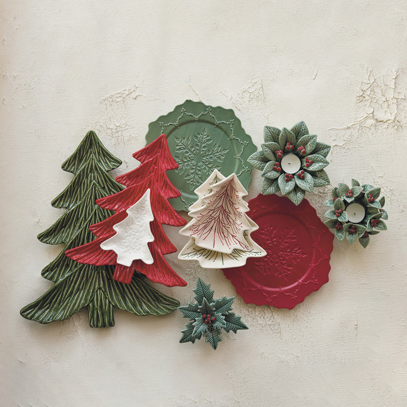Ceramic Scalloped Octagon Shaped Plate with Snowflake Design