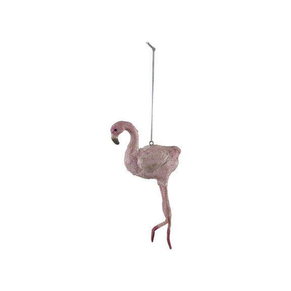 Handmade Paper Mache Vintage Reproduction Flamingo Ornament, Pink & Black