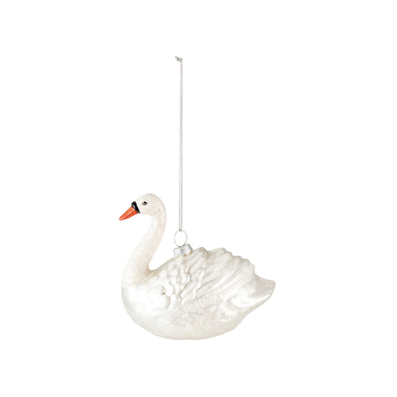 Hand-Painted Glass Swan Ornament with Glitter, White, Orange Color & Black