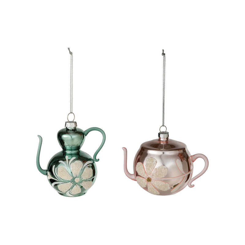 Hand-Painted Glass Teapot Ornament with Flower, 2 Styles