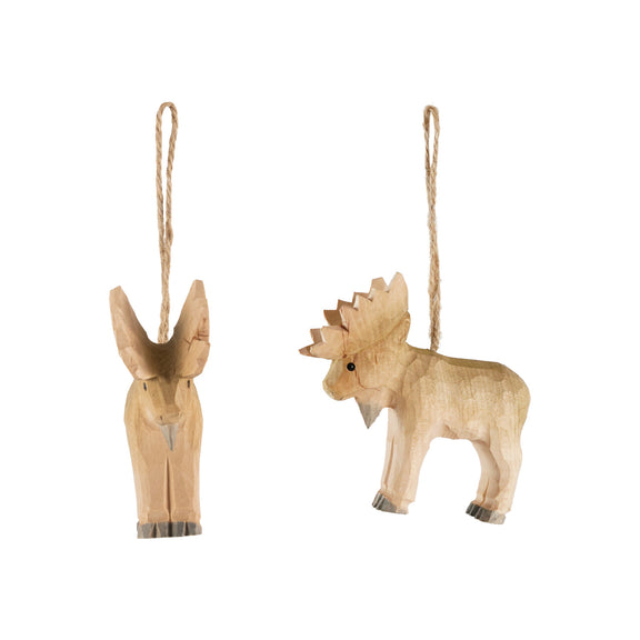 Hand-Carved Wood Moose Ornament, Natural