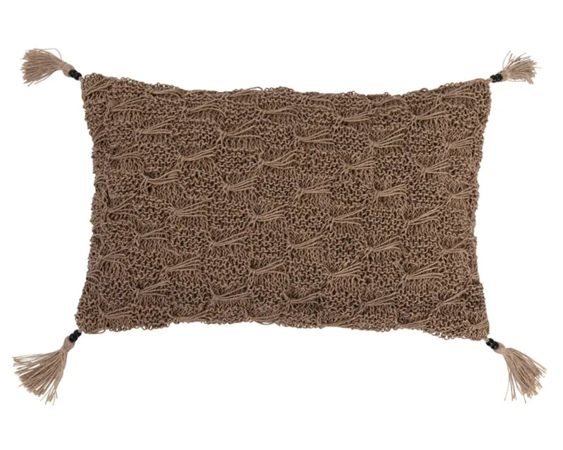 Hand-Woven Cotton and Jute Macrame Lumbar Pillow with Jute Tassels and Mango Wood Beads, [product_price]- Greenhouse Home